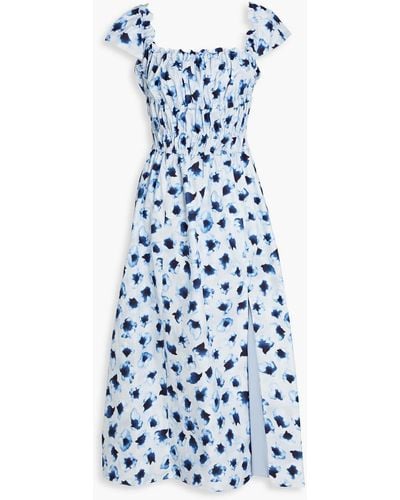 Altuzarra Shirred Floral-print Cotton Midi Dress - Blue