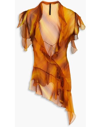 Petar Petrov Asymmetric Ruffled Dégradé Silk-chiffon Top - Orange