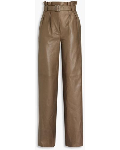 Bally Pleated Belted Leather Wide-leg Trousers - Natural