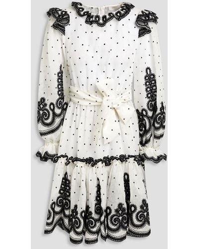 Zimmermann Belted Embroidered Linen And Silk-blend Mini Dress - White