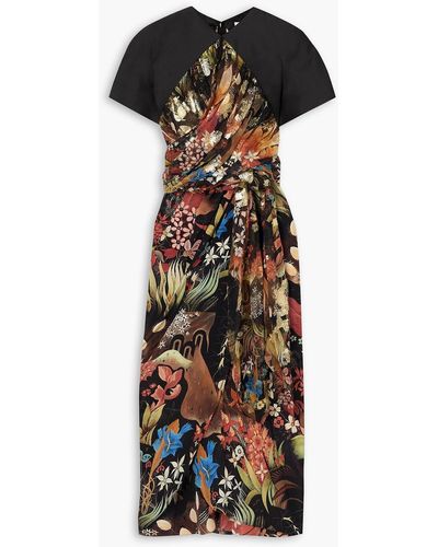 Lanvin Wrap-effect Floral-print Silk-satin Midi Dress - Black