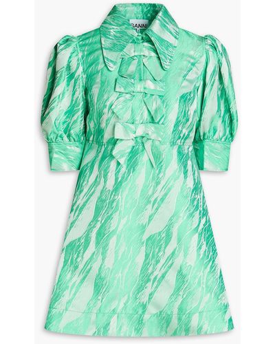 Ganni Bow-embellished Jacquard Mini Dress - Green