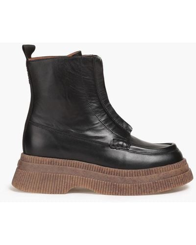 Ganni Leather Platform Ankle Boots - Black