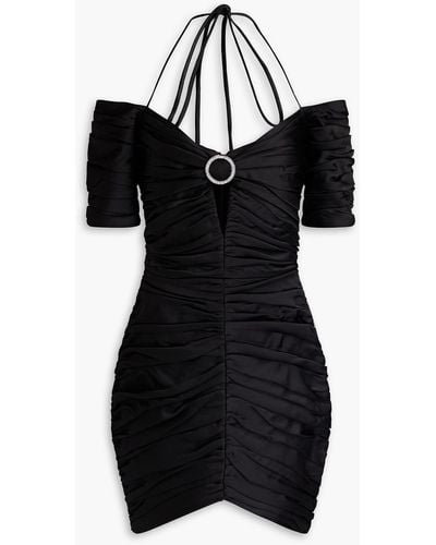 Rasario Cold-shoulder Ruched Satin Mini Dress - Black