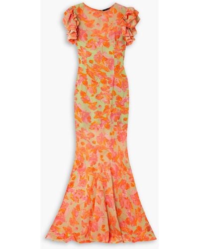 De La Vali Bougainvilla Ruffled Floral-print Georgette Maxi Dress - Orange
