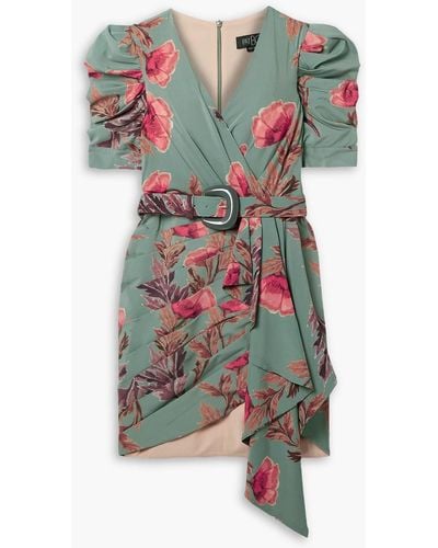 PATBO Belted Wrap-effect Pleated Floral-print Crepe Mini Dress - Green