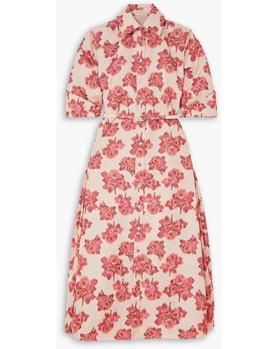 Emilia Wickstead Tokyo Belted Cutout Floral-print Moire Maxi Shirt Dress - Red