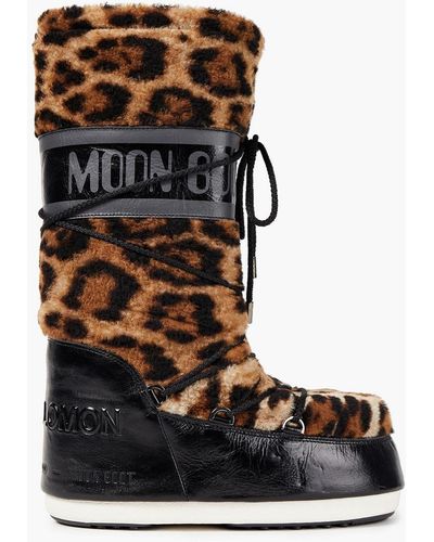 Yves Salomon Lace-up Leopard-print Shearling And Cracked Patent-leather Snow Boots - Black