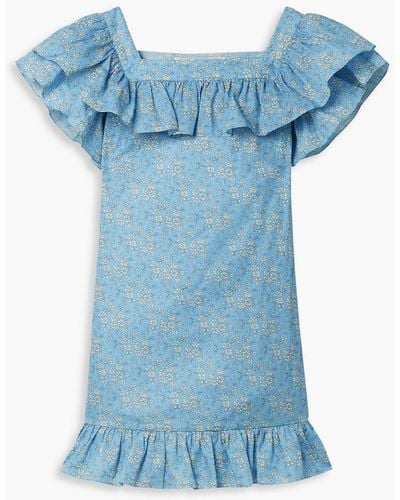 The Vampire's Wife The Cry Baby Ruffled Floral-print Cotton And Linen-blend Mini Dress - Blue