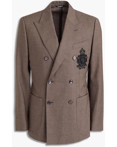 Dolce & Gabbana Slim-fit Double-breasted Embroidered Wool, Linen And Silk-blend Blazer - Natural
