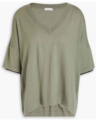 Brunello Cucinelli Bead-embellished Wool And Cashmere-blend Top - Green