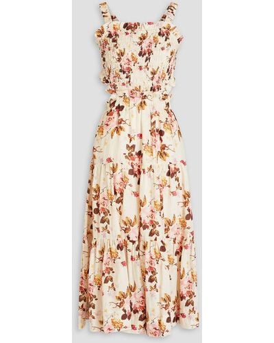 Sea Esme Tiered Floral-print Ramie Midi Dress - Brown