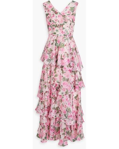 Mikael Aghal Tiered Floral-print Habotai Gown - Pink