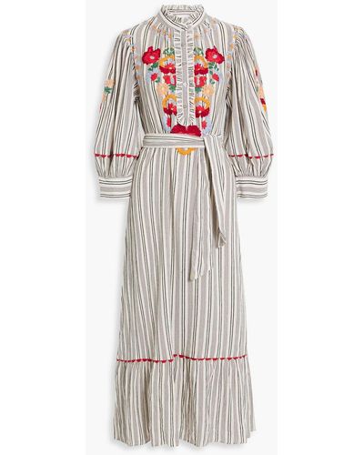 Antik Batik Juliette Striped Embroidered Cotton Midi Dress - White