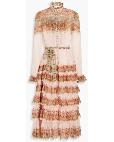 Zimmermann Tiered Floral-print Silk-crepon Midi Dress - Natural