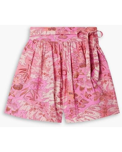 Ulla Johnson Anela Pleated Belted Printed Cotton-poplin Shorts - Pink