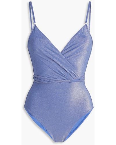 Zimmermann Wrap-effect Metallic Stretch-jersey Swimsuit - Blue