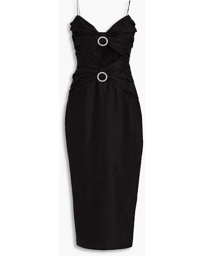 Rasario Embellished Lace-paneled Ruched Linen-blend Midi Dress - Black