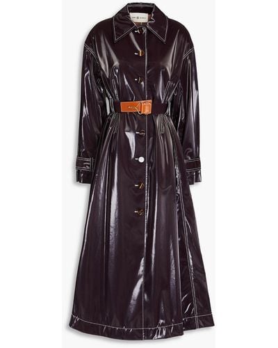 Tory Burch Leather-trimmed Belted Vinyl Trench Coat - Purple