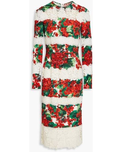 Dolce & Gabbana Guipure Lace-paneled Floral-print Crepe Dress - White