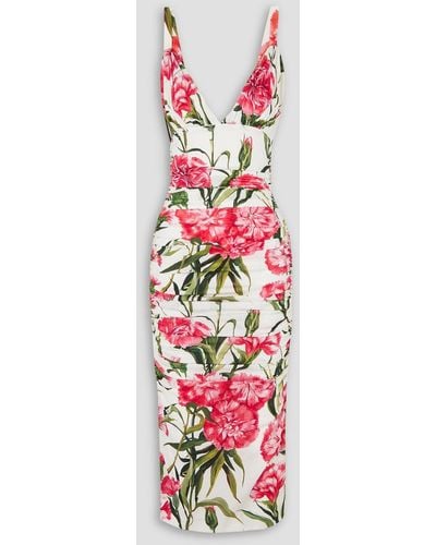 Dolce & Gabbana Ruched Floral-print Stretch-silk Midi Dress - White