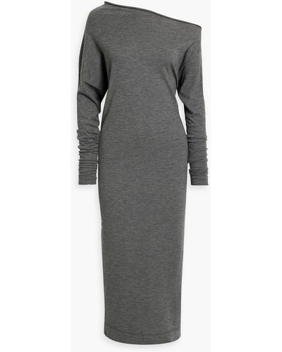 Brunello Cucinelli One-shoulder Mélange Cashmere-blend Midi Dress - Grey
