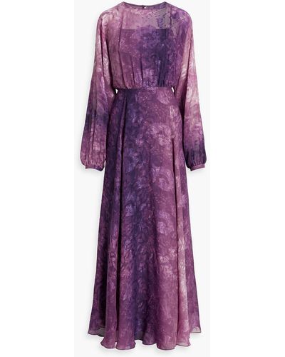 Mikael Aghal Printed Fil Coupé Chiffon Maxi Dress - Purple