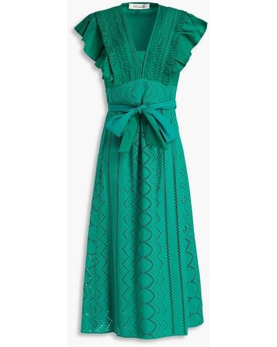 Diane von Furstenberg Poplin-paneled Broderie Anglaise Cotton Midi Dress - Green