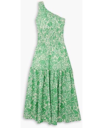 Peony Vacation One-shoulder Floral-print Cotton-blend Maxi Dress - Green