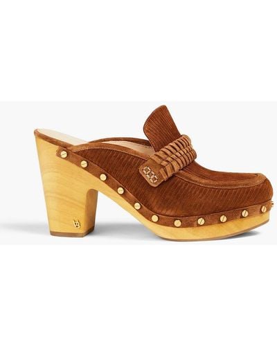 Veronica Beard Delia Studded Ribbed Suede Mules - Brown