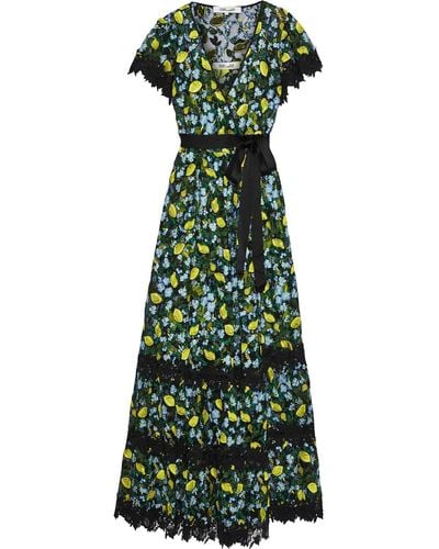 Diane von Furstenberg Victorious Crocheted Lace-trimmed Embroidered Tulle Wrap Dress - Green