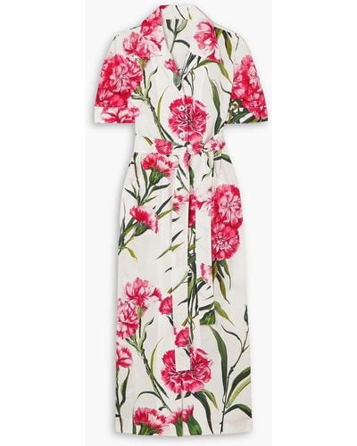 Dolce & Gabbana Belted Floral-print Cotton-poplin Midi Shirt Dress - White