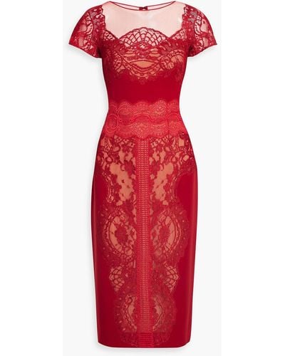 Zuhair Murad Tulle-trimmed Crepe And Chantilly Lace Midi Dress - Red