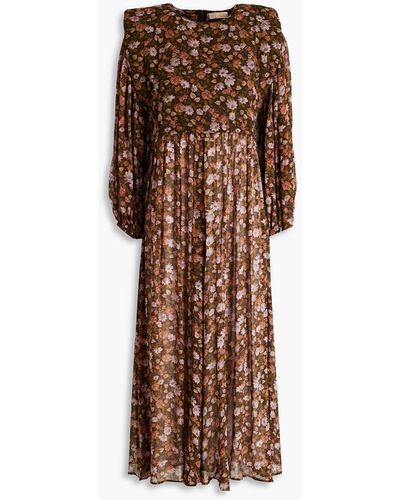 byTiMo Pleated Floral-print Georgette Midi Dress - Brown