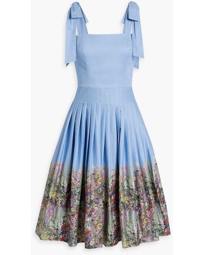 Mikael Aghal Bow-detailed Pleated Floral-print Cotton-blend Poplin Dress - Blue