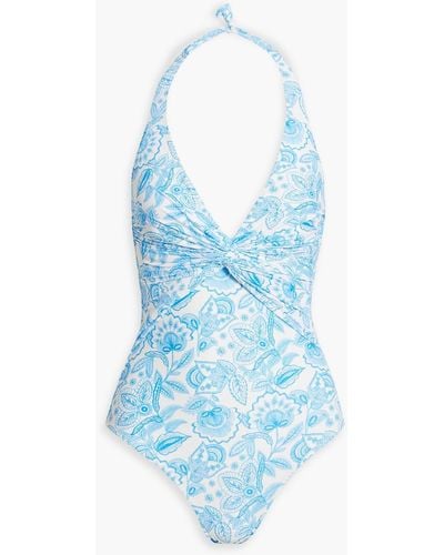 Melissa Odabash Zanzibar Twisted Printed Halterneck Swimsuit - Blue