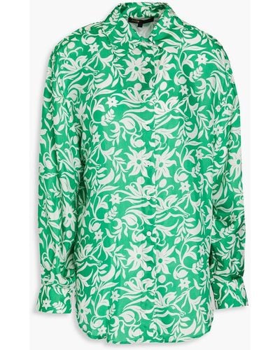 Maje Floral-print Cupro-blend Satin-twill Shirt - Green