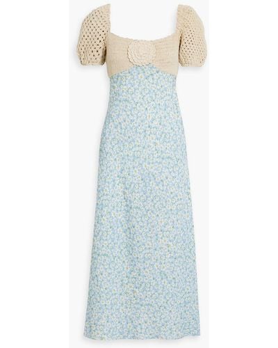 RIXO London Sardinia Crochet-paneled Floral-print Linen-blend Midi Dress - Blue