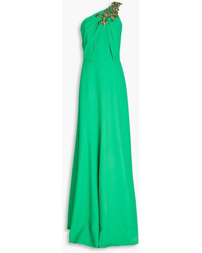 Andrew Gn One-shoulder Embellished Pleated Crepe Gown - Green