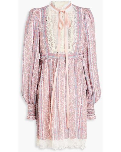 Marc Jacobs Lace-paneled Embellished Floral-print Cotton And Silk-blend Mini Dress - Pink