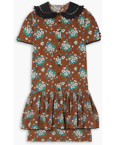 BATSHEVA Clarice Ruffled Floral-print Cotton-poplin Dress - Brown