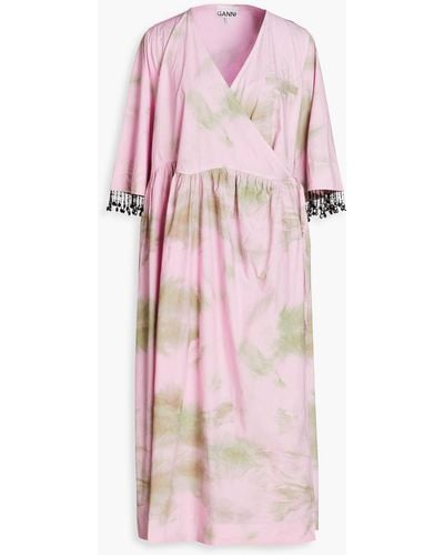 Ganni Cherry Blossom Gathered Printed Cotton Wrap Dress - Pink