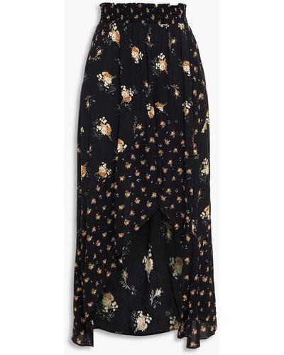 Maje Shirred Floral-print Crepe Midi Skirt - Black