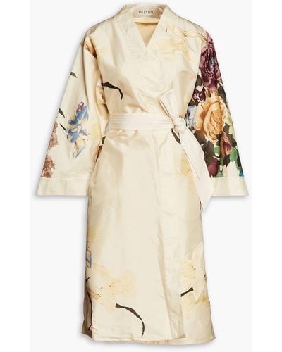 Valentino Garavani Belted Floral-print Taffeta Kimono - Natural