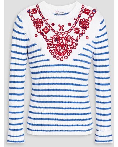 RED Valentino Striped Broderie Anglaise-paneled Cotton Jumper - Grey