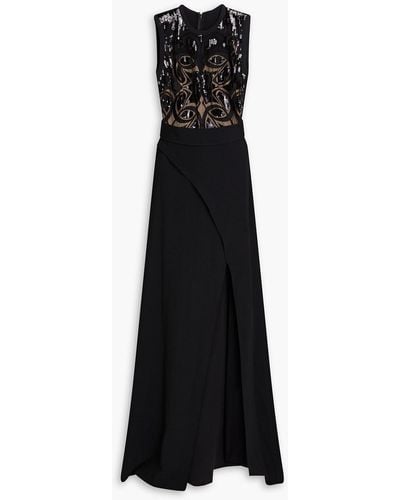 Elie Saab Tulle-paneled Embellished Cady Gown - Black
