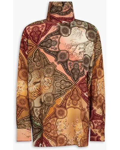 F.R.S For Restless Sleepers Euro Printed Silk Crepe De Chine Turtleneck Top - Brown