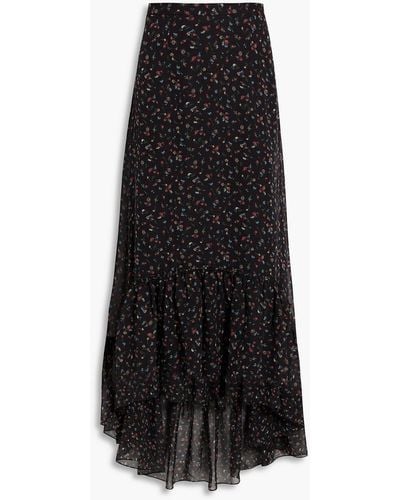 Mikael Aghal Asymmetric Ruffled Floral-print Chiffon Maxi Skirt - Black