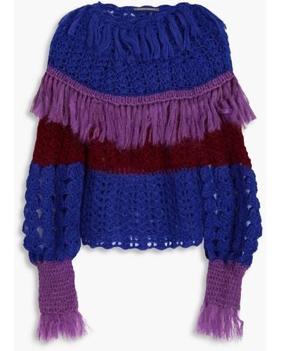 Alberta Ferretti Fringed Open-knit Mohair-blend Jumper - Blue