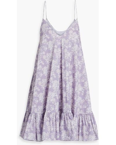 Caroline Constas Laurel Gathered Floral-print Cotton-blend Poplin Mini Dress - Purple